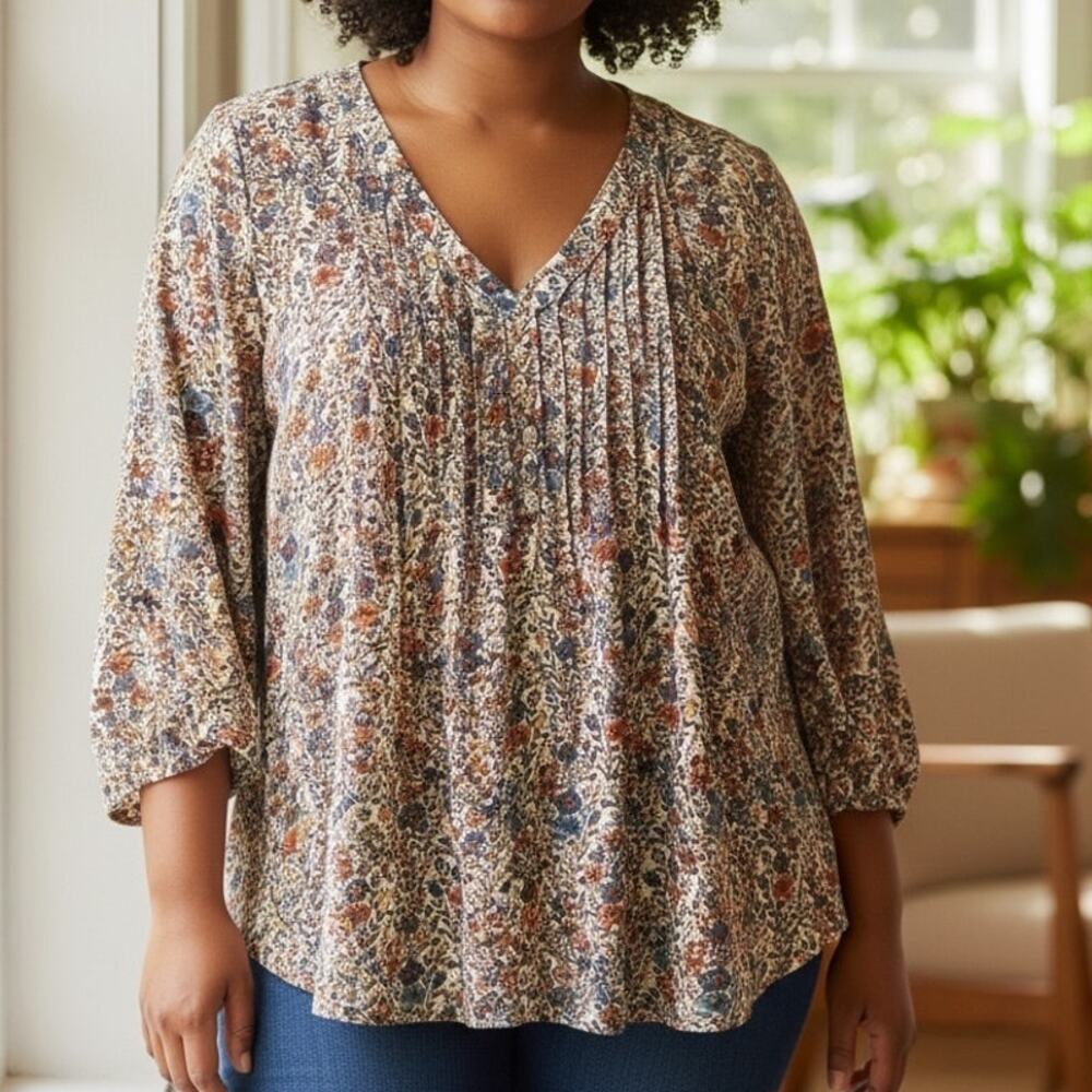 Rose & Olive Cottage Floral Top Womens Size 2X Pintucked Henley V-Neck Blouse